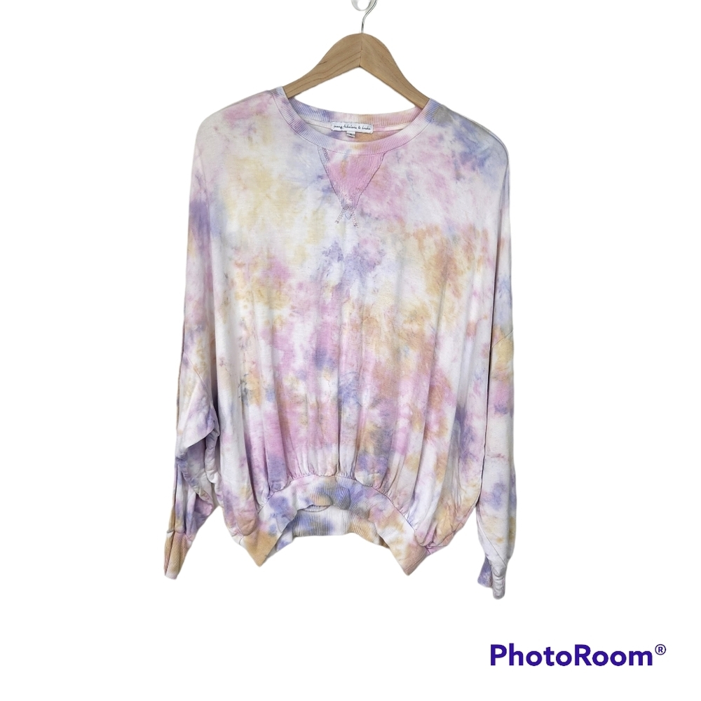 Young, Fabulous, and Broke Tie Dye Purple Pink Yellow Long Sleeve Sweater Sz S